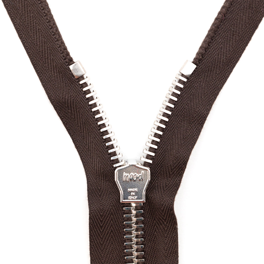 Mood Exclusive Italian Brown and Silver T8 Open End Metal Zipper - 27.5" Detail Mood Exclusive Italian Brown and Silver T8 Open End Metal Zipper - 27.5" Detail