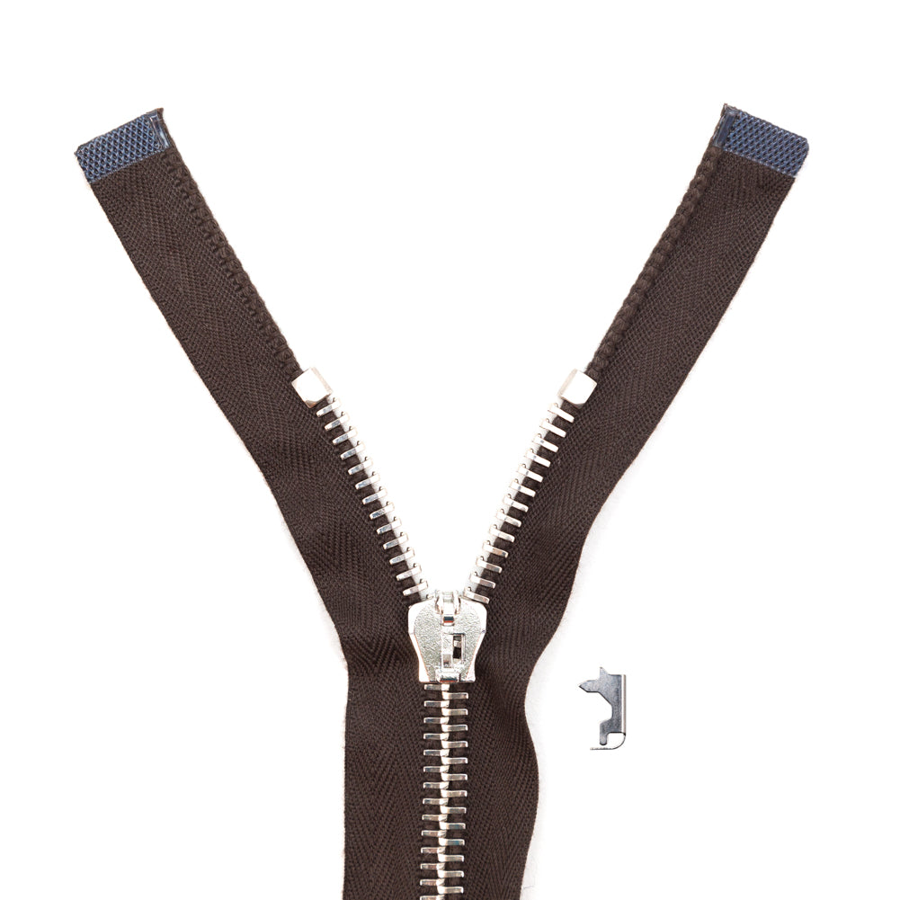 Mood Exclusive Italian Brown and Silver T8 Open End Metal Zipper - 27.5" Mood Exclusive Italian Brown and Silver T8 Open End Metal Zipper - 27.5"