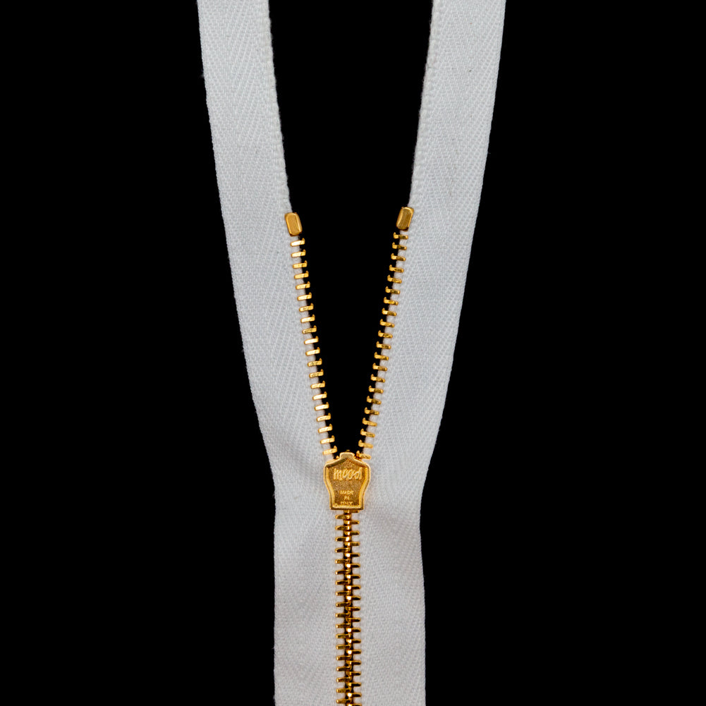 Mood Exclusive Italian Off-White and Gold T3 Open End Metal Zipper - 27.5" Detail Mood Exclusive Italian Off-White and Gold T3 Open End Metal Zipper - 27.5" Detail