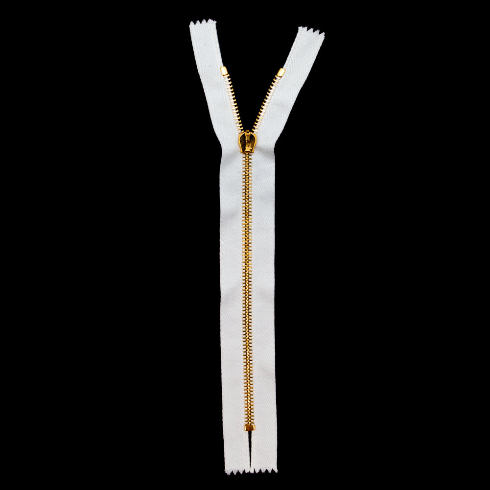 Mood Exclusive Italian Off-White and Gold T5 Closed End Metal Zipper - 9" Full Mood Exclusive Italian Off-White and Gold T5 Closed End Metal Zipper - 9" Full