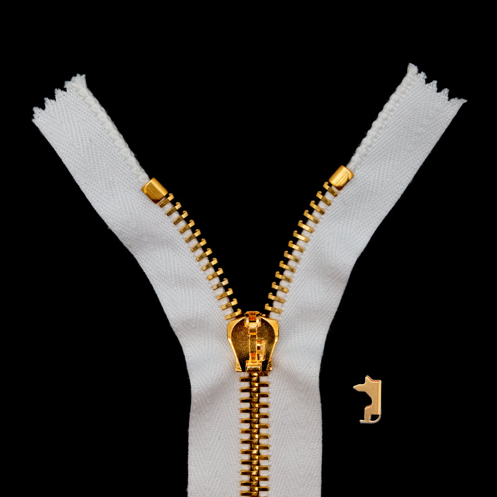 Mood Exclusive Italian Off-White and Gold T8 Closed End Metal Zipper - 9" Mood Exclusive Italian Off-White and Gold T8 Closed End Metal Zipper - 9"