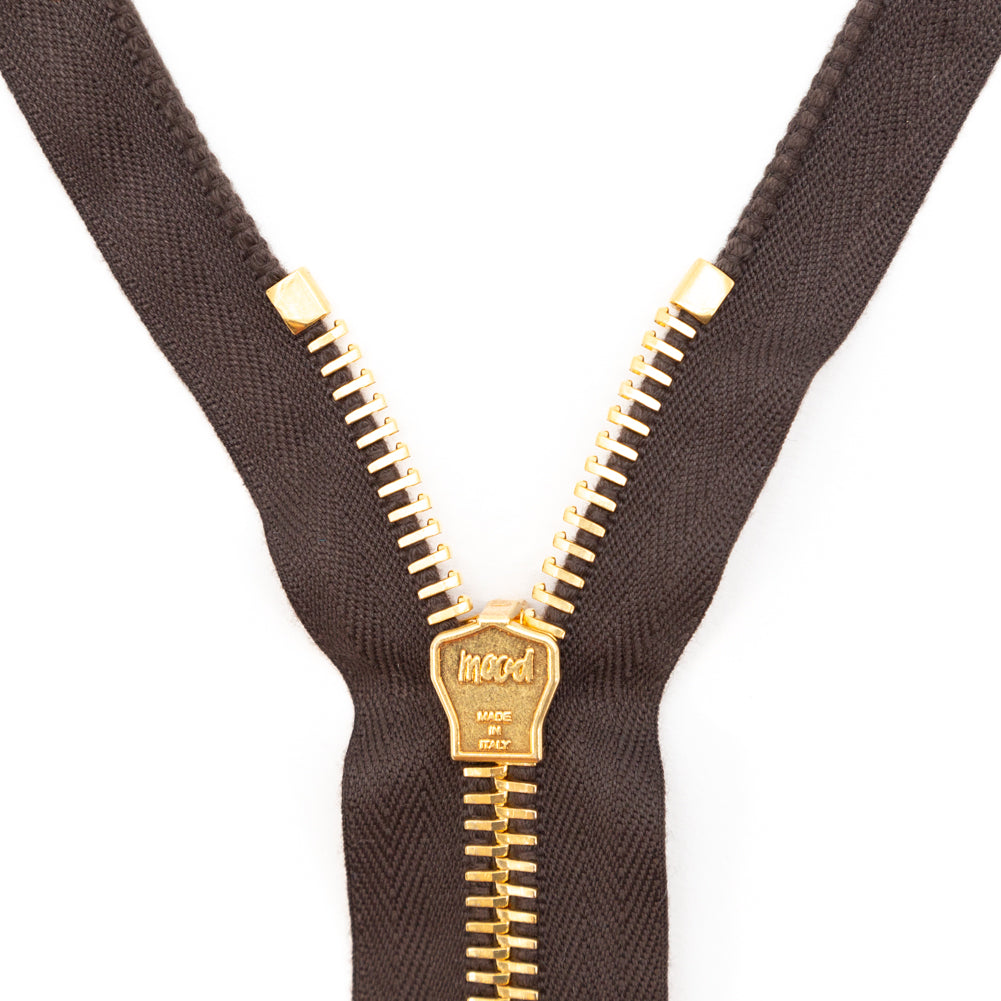 Mood Exclusive Italian Brown and Gold T8 Open End Metal Zipper - 27.5" Detail Mood Exclusive Italian Brown and Gold T8 Open End Metal Zipper - 27.5" Detail