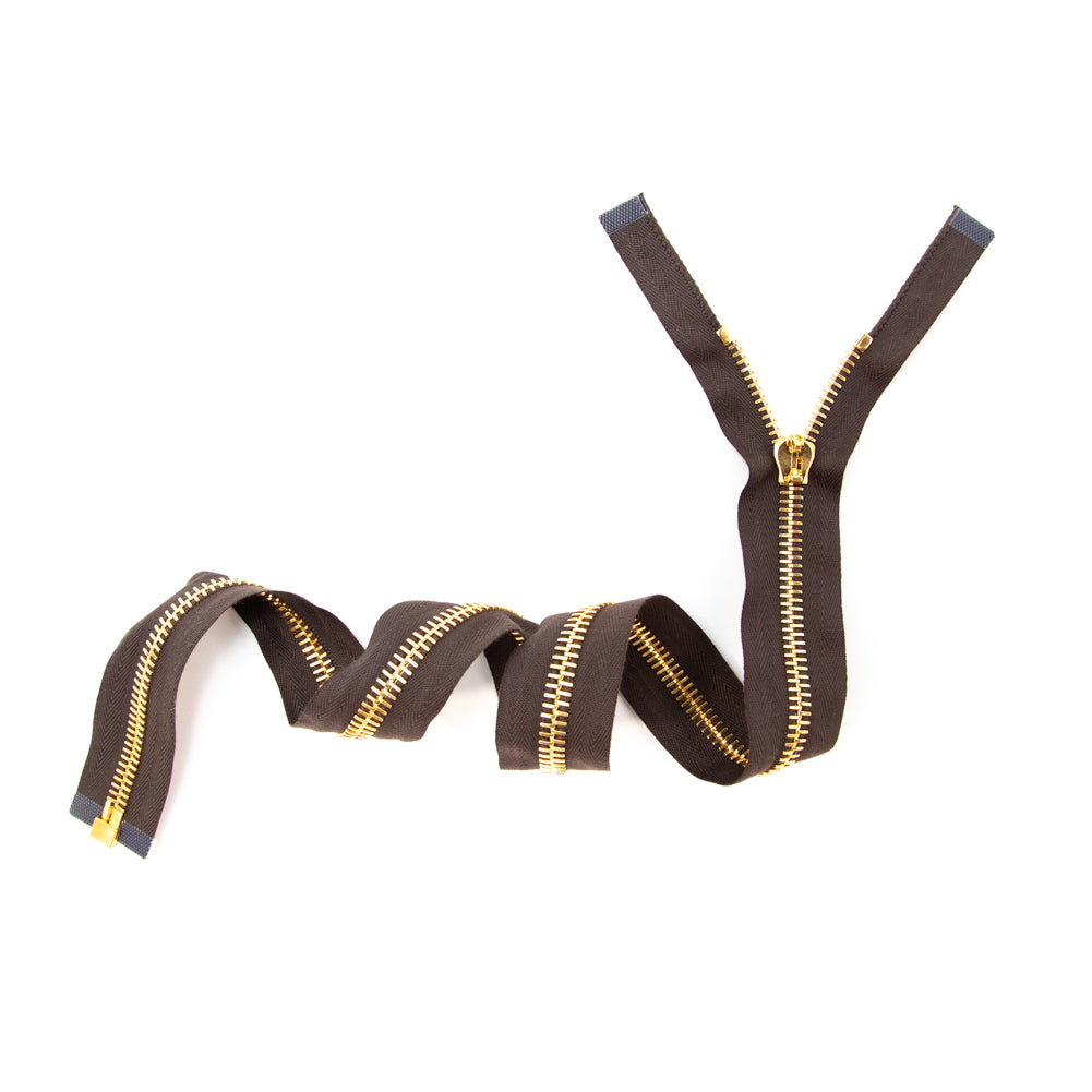 Mood Exclusive Italian Brown and Gold T8 Open End Metal Zipper - 27.5" Full Mood Exclusive Italian Brown and Gold T8 Open End Metal Zipper - 27.5" Full