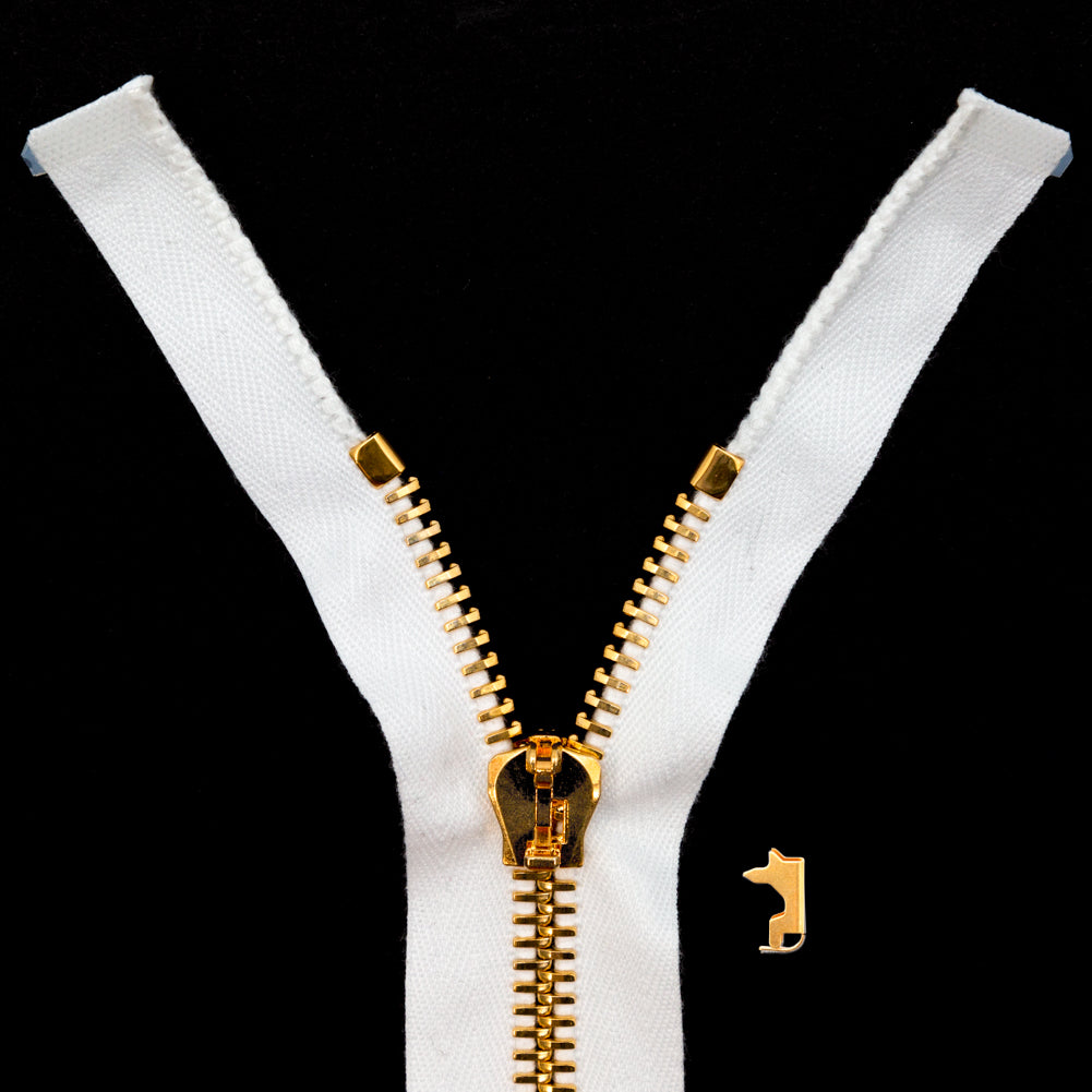 Mood Exclusive Italian White and Gold T8 Open End Metal Zipper - 27.5" Mood Exclusive Italian White and Gold T8 Open End Metal Zipper - 27.5"