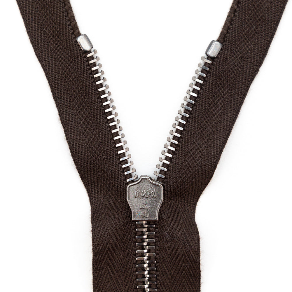 Mood Exclusive Italian Brown and Gunmetal T5 Closed End Metal Zipper - 9" Detail Mood Exclusive Italian Brown and Gunmetal T5 Closed End Metal Zipper - 9" Detail