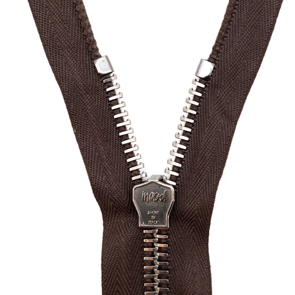 Mood Exclusive Italian Brown and Gunmetal T8 Closed End Metal Zipper - 9" Detail Mood Exclusive Italian Brown and Gunmetal T8 Closed End Metal Zipper - 9" Detail