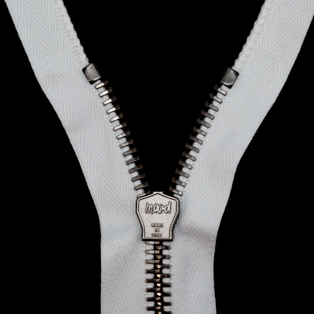 Mood Exclusive Italian Off-White and Gunmetal T8 Closed End Metal Zipper - 9" Detail Mood Exclusive Italian Off-White and Gunmetal T8 Closed End Metal Zipper - 9" Detail