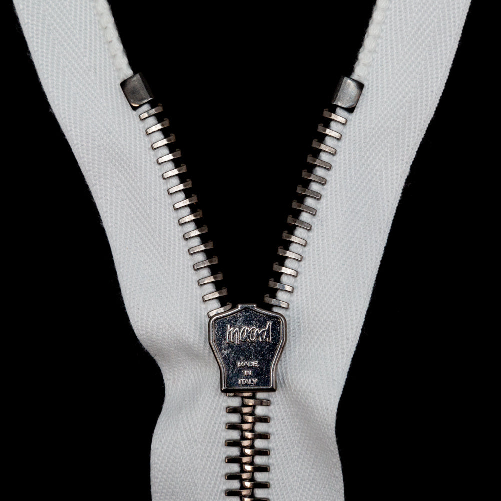Mood Exclusive Italian White and Gunmetal T8 Closed End Metal Zipper - 9" Detail Mood Exclusive Italian White and Gunmetal T8 Closed End Metal Zipper - 9" Detail