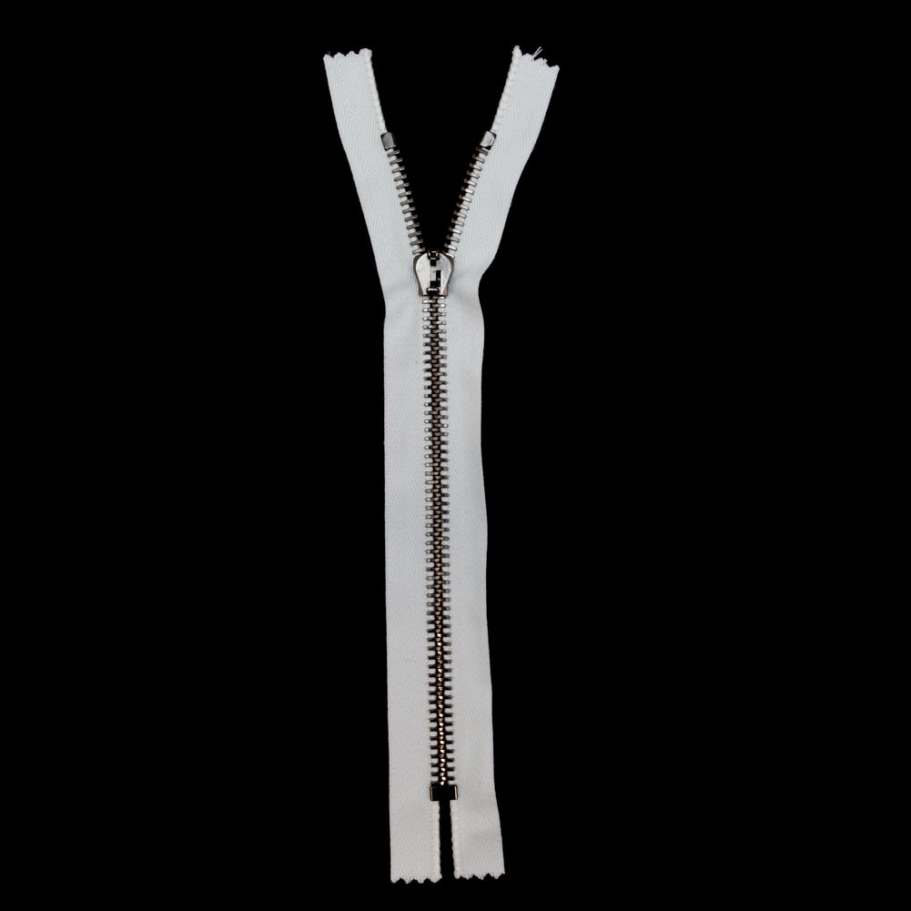 Mood Exclusive Italian White and Gunmetal T8 Closed End Metal Zipper - 9" Full Mood Exclusive Italian White and Gunmetal T8 Closed End Metal Zipper - 9" Full