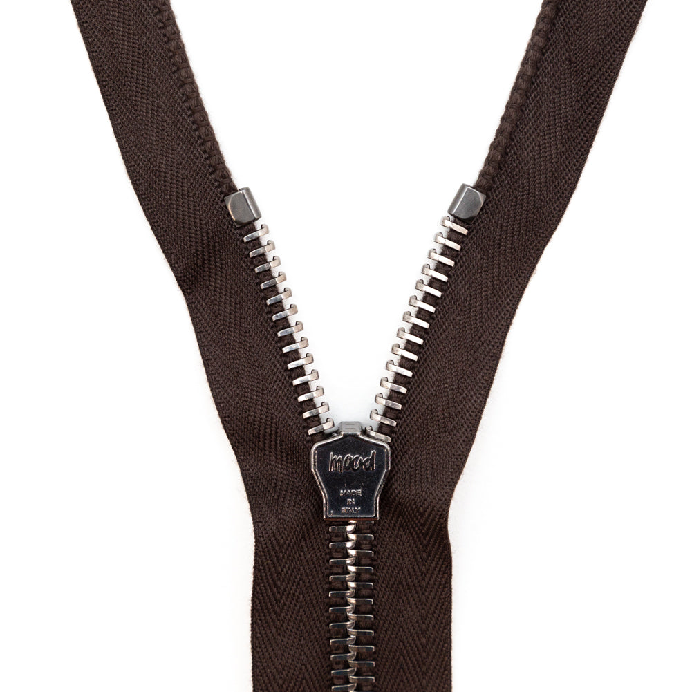 Mood Exclusive Italian Brown and Gunmetal T8 Open End Metal Zipper - 27.5" Detail Mood Exclusive Italian Brown and Gunmetal T8 Open End Metal Zipper - 27.5" Detail