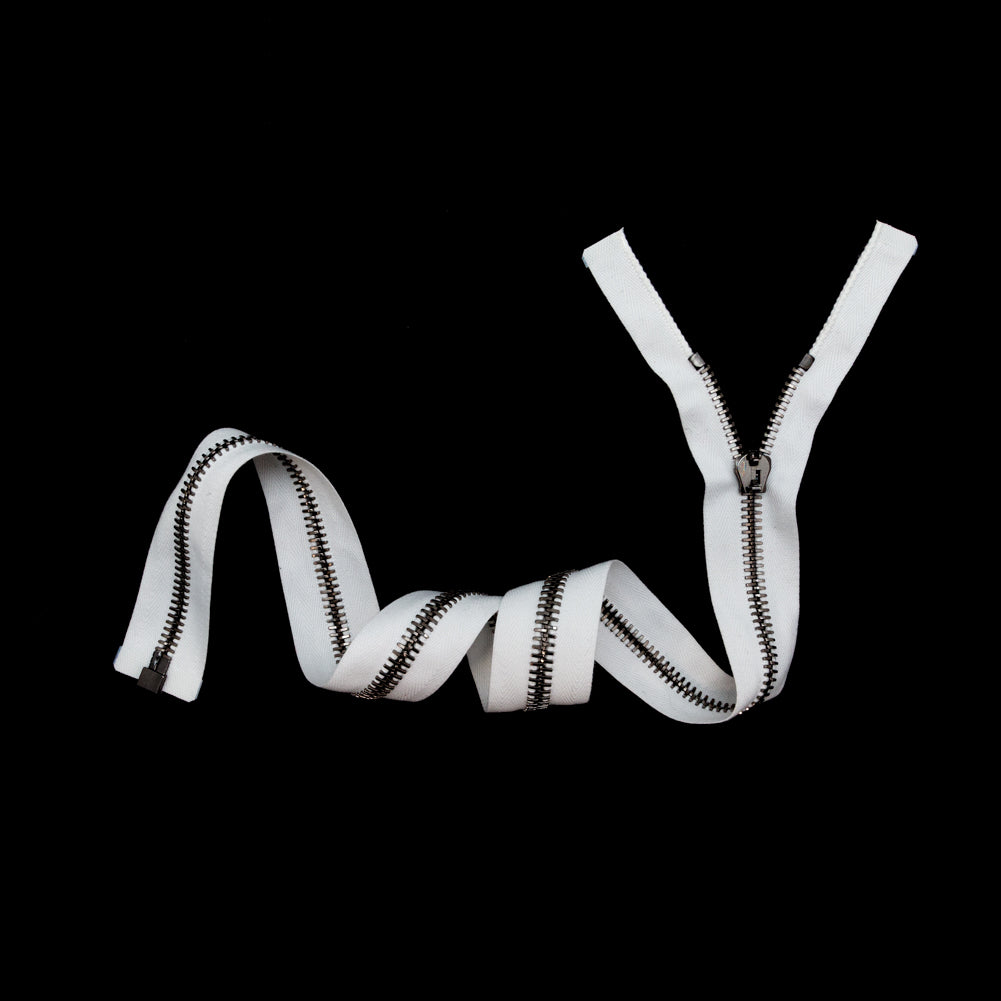 Mood Exclusive Italian Off-White and Gunmetal T8 Open End Metal Zipper - 27.5" Full Mood Exclusive Italian Off-White and Gunmetal T8 Open End Metal Zipper - 27.5" Full