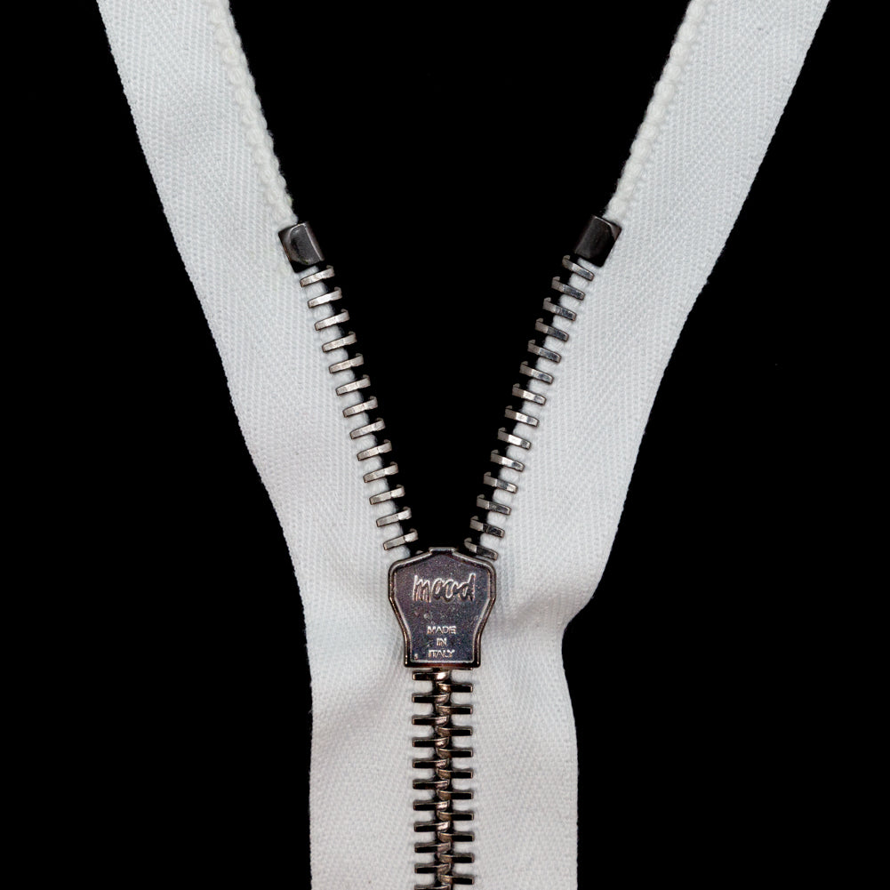 Mood Exclusive Italian White and Gunmetal T8 Open End Metal Zipper - 27.5" Detail Mood Exclusive Italian White and Gunmetal T8 Open End Metal Zipper - 27.5" Detail