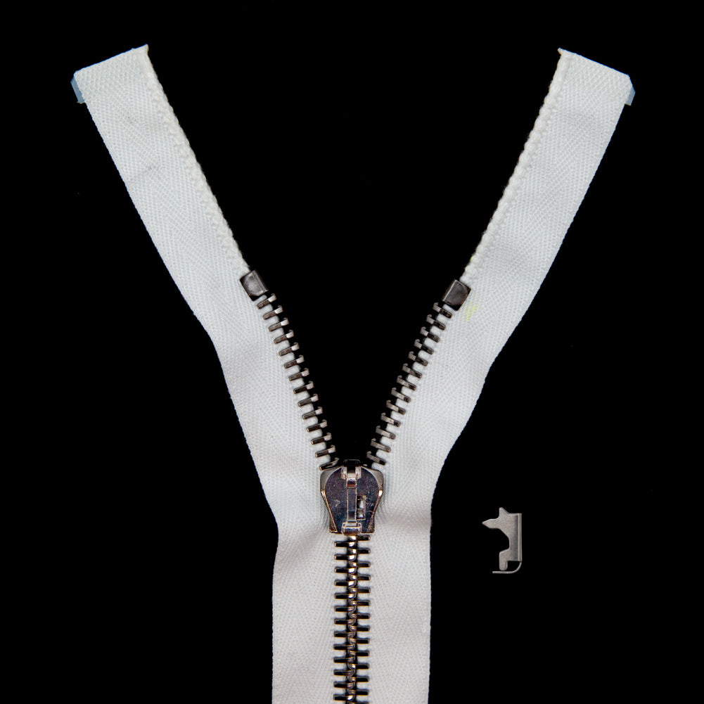 Mood Exclusive Italian White and Gunmetal T8 Open End Metal Zipper - 27.5" Mood Exclusive Italian White and Gunmetal T8 Open End Metal Zipper - 27.5"