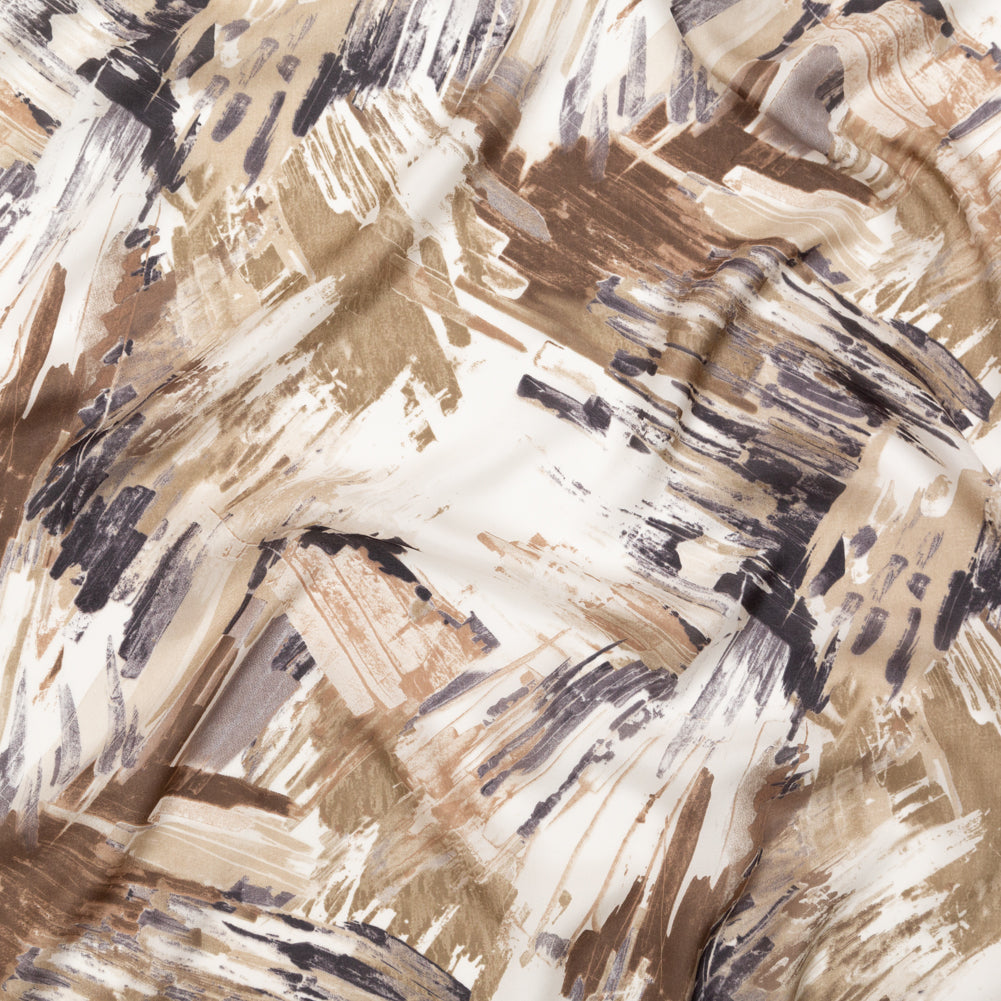 Crockery and Dark Navy Abstract Satin-Faced Silk Chiffon Crockery and Dark Navy Abstract Satin-Faced Silk Chiffon