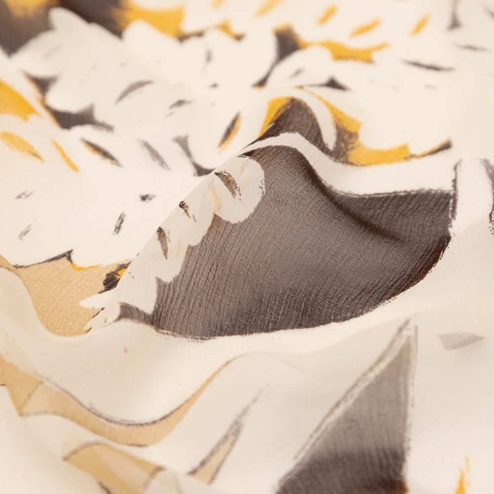 Karen Kane Honey Mustard and Wren Painterly Floral Crinkled Silk Chiffon Detail Karen Kane Honey Mustard and Wren Painterly Floral Crinkled Silk Chiffon Detail