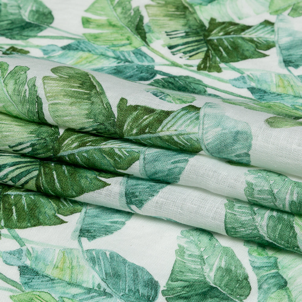 Green Banana and Palm Leaves Printed Ivory Linen Woven Folded Green Banana and Palm Leaves Printed Ivory Linen Woven Folded