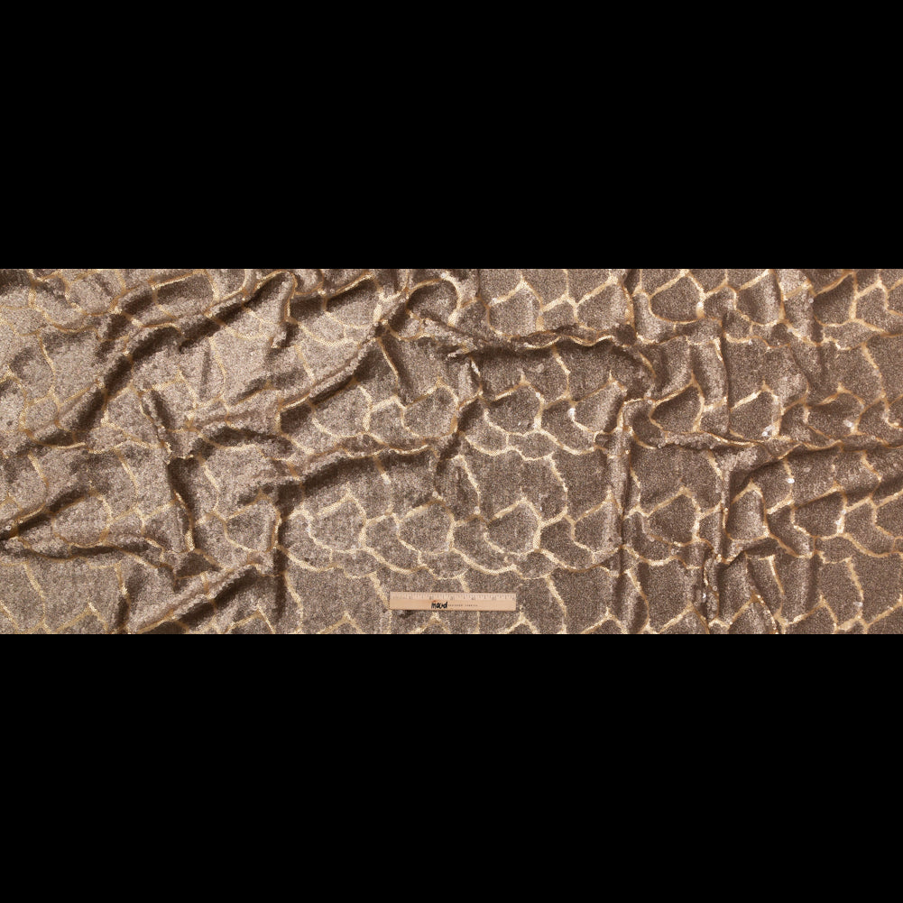 Mesh with Sequins - Metallic Bronze Cracking Spots on Dark Beige Full Mesh with Sequins - Metallic Bronze Cracking Spots on Dark Beige Full