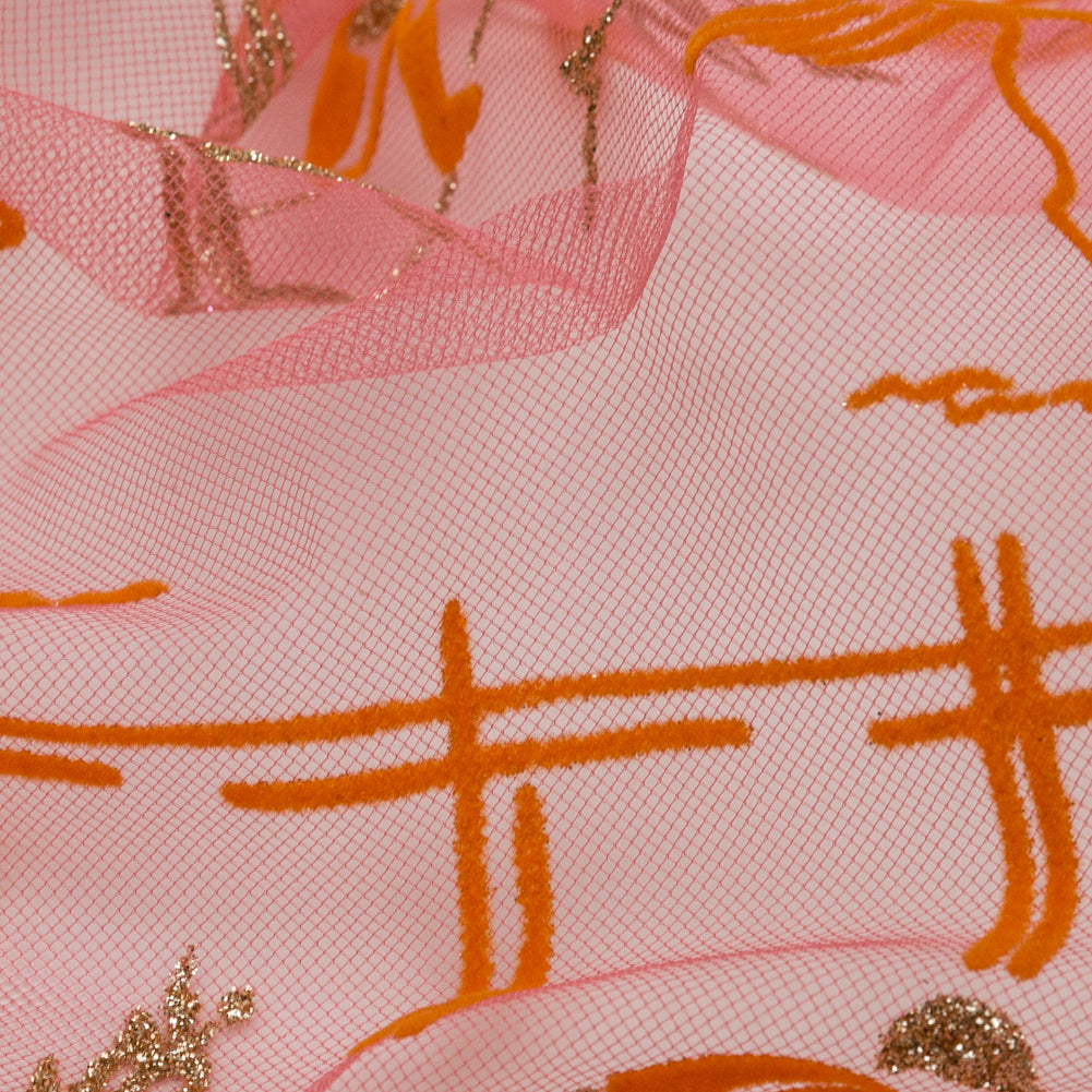 Carolina Herrera Metallic Gold, Hot Pink and Orange Horse Derby Flocked Tulle Detail Carolina Herrera Metallic Gold, Hot Pink and Orange Horse Derby Flocked Tulle Detail