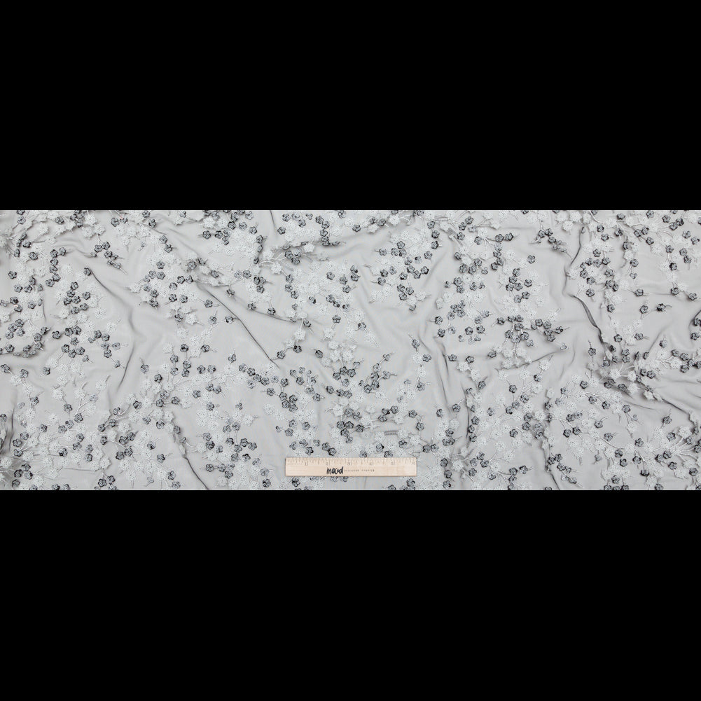 Stretch Net with Sequins - White Fancy Floral Clusters on Black Full Stretch Net with Sequins - White Fancy Floral Clusters on Black Full