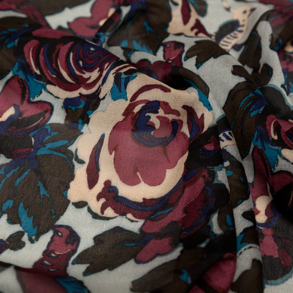 Famous NYC Designer Moonstruck, Poseidon and Sailor Blue Birds and Florals Blended Silk Georgette Full Famous NYC Designer Moonstruck, Poseidon and Sailor Blue Birds and Florals Blended Silk Georgette Full