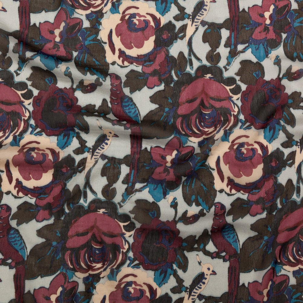 Famous NYC Designer Moonstruck, Poseidon and Sailor Blue Birds and Florals Blended Silk Georgette Famous NYC Designer Moonstruck, Poseidon and Sailor Blue Birds and Florals Blended Silk Georgette