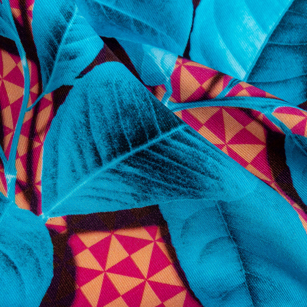 Compression Swimwear Tricot, UV Protective with Aloe Vera Microcapsules - Blue Leaves and Peach Pink Geometric - Caye Collection Detail Compression Swimwear Tricot, UV Protective with Aloe Vera Microcapsules - Blue Leaves and Peach Pink Geometric - Caye Collection Detail