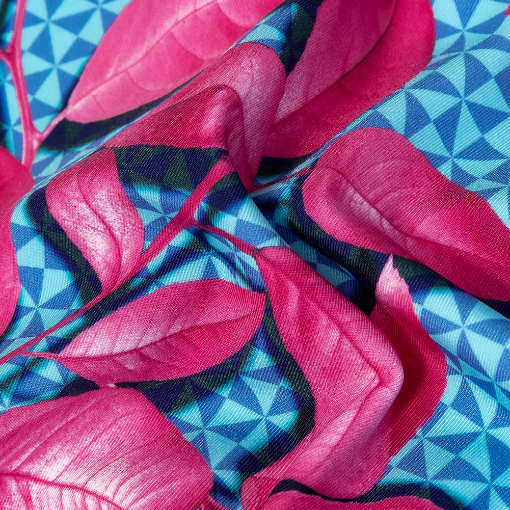 Compression Swimwear Tricot, UV Protective with Aloe Vera Microcapsules - Pink Leaves and Blue Geometric - Caye Collection Detail Compression Swimwear Tricot, UV Protective with Aloe Vera Microcapsules - Pink Leaves and Blue Geometric - Caye Collection Detail