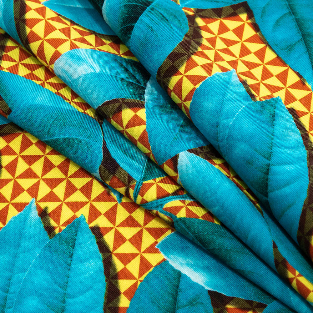 Compression Swimwear Tricot, UV Protective with Aloe Vera Microcapsules - Blue Leaves and Yellow Geometric - Caye Collection Folded Compression Swimwear Tricot, UV Protective with Aloe Vera Microcapsules - Blue Leaves and Yellow Geometric - Caye Collection Folded
