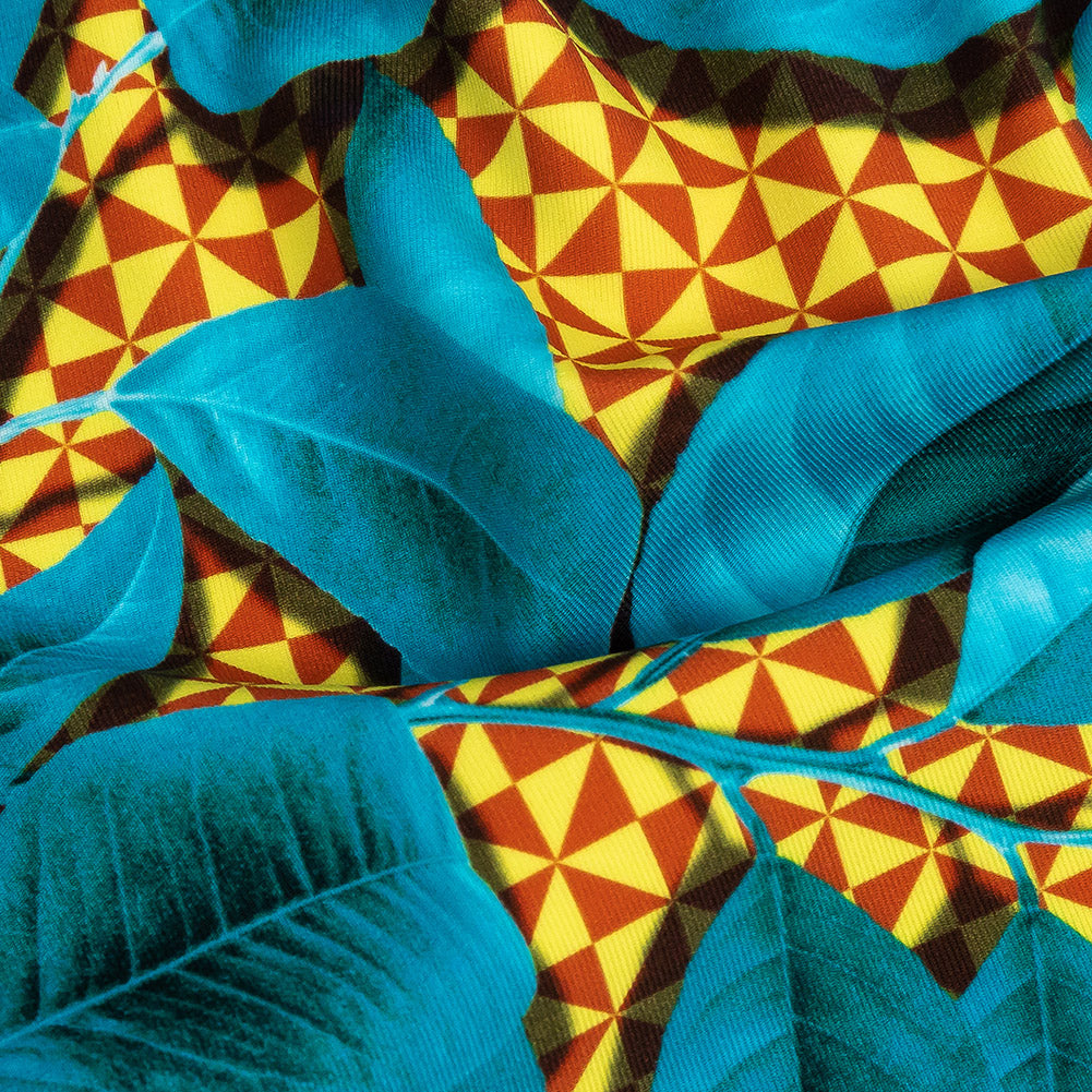 Compression Swimwear Tricot, UV Protective with Aloe Vera Microcapsules - Blue Leaves and Yellow Geometric - Caye Collection Detail Compression Swimwear Tricot, UV Protective with Aloe Vera Microcapsules - Blue Leaves and Yellow Geometric - Caye Collection Detail