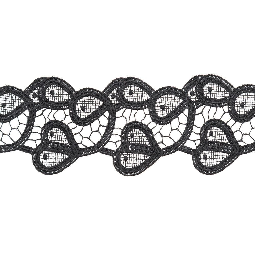 Italian Black Swirling Hearts Venise Lace Trim - 2.625" Detail Italian Black Swirling Hearts Venise Lace Trim - 2.625" Detail