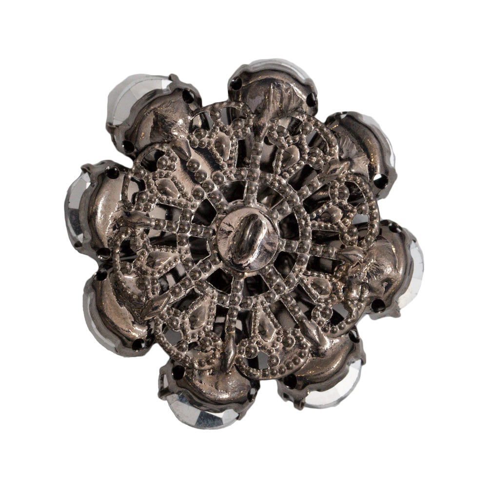 Italian Black and Gunmetal Floral Rhinestone Button - 48L/30.5mm Detail Italian Black and Gunmetal Floral Rhinestone Button - 48L/30.5mm Detail