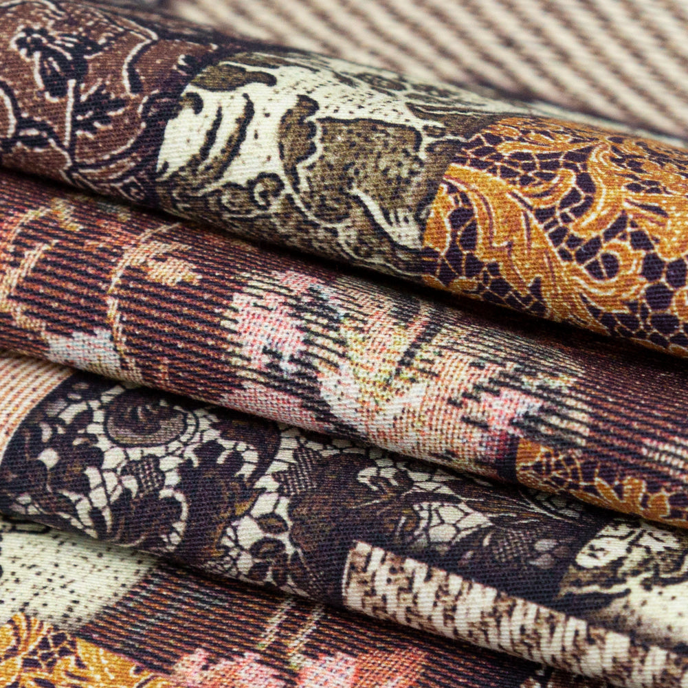 French Roast, Winter Twig and Castle Wall Patchwork Floral and Lace Printed Stretch Cotton Twill Folded French Roast, Winter Twig and Castle Wall Patchwork Floral and Lace Printed Stretch Cotton Twill Folded