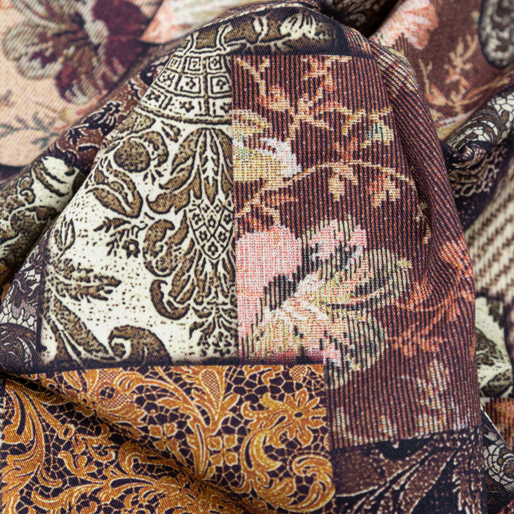 French Roast, Winter Twig and Castle Wall Patchwork Floral and Lace Printed Stretch Cotton Twill Detail French Roast, Winter Twig and Castle Wall Patchwork Floral and Lace Printed Stretch Cotton Twill Detail