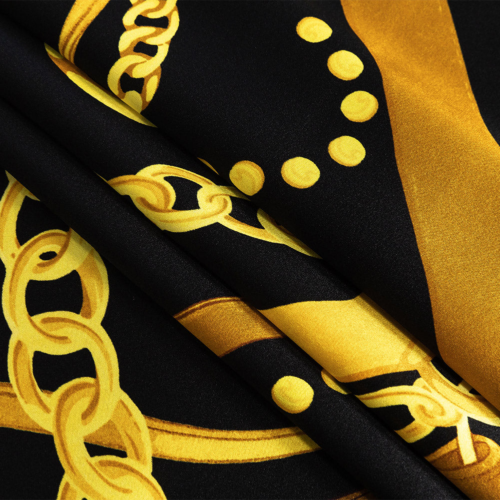 Mood Exclusive Italian Black and Gold Chains and Purse Straps Digitally Printed Silk Charmeuse Folded Mood Exclusive Italian Black and Gold Chains and Purse Straps Digitally Printed Silk Charmeuse Folded