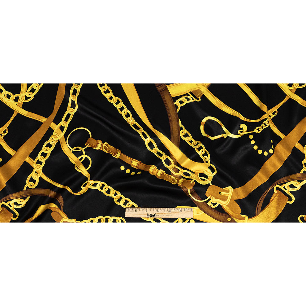 Mood Exclusive Italian Black and Gold Chains and Purse Straps Digitally Printed Silk Charmeuse Full Mood Exclusive Italian Black and Gold Chains and Purse Straps Digitally Printed Silk Charmeuse Full