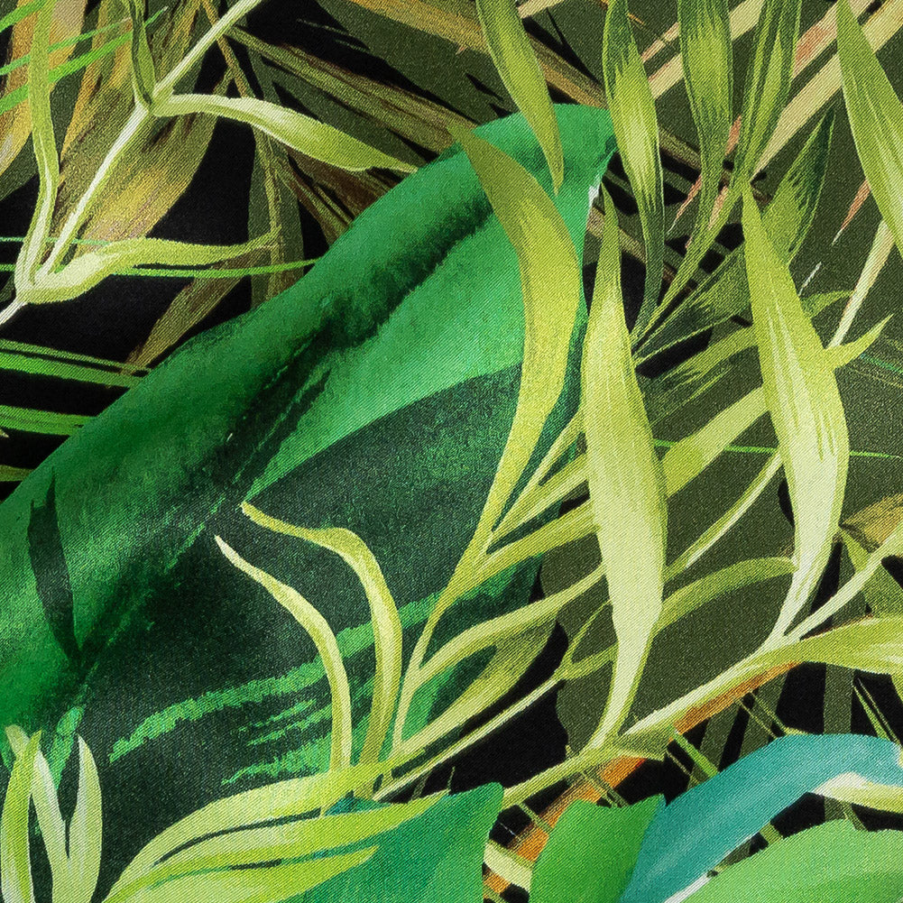 Mood Exclusive Italian Green and Black Ferns and Foliage Digitally Printed Silk Charmeuse Detail Mood Exclusive Italian Green and Black Ferns and Foliage Digitally Printed Silk Charmeuse Detail