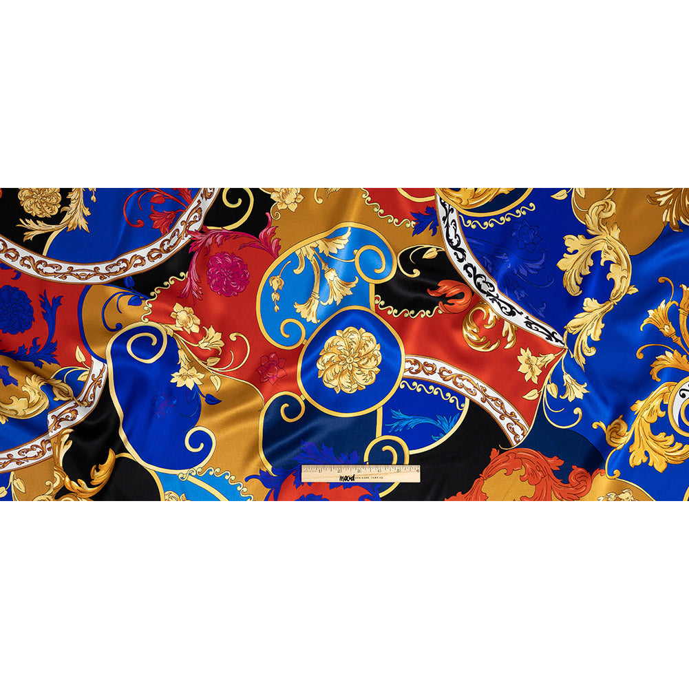 Mood Exclusive Italian Cobalt, Golden Oak and Hot Coral Ornate Digitally Printed Silk Charmeuse Full Mood Exclusive Italian Cobalt, Golden Oak and Hot Coral Ornate Digitally Printed Silk Charmeuse Full