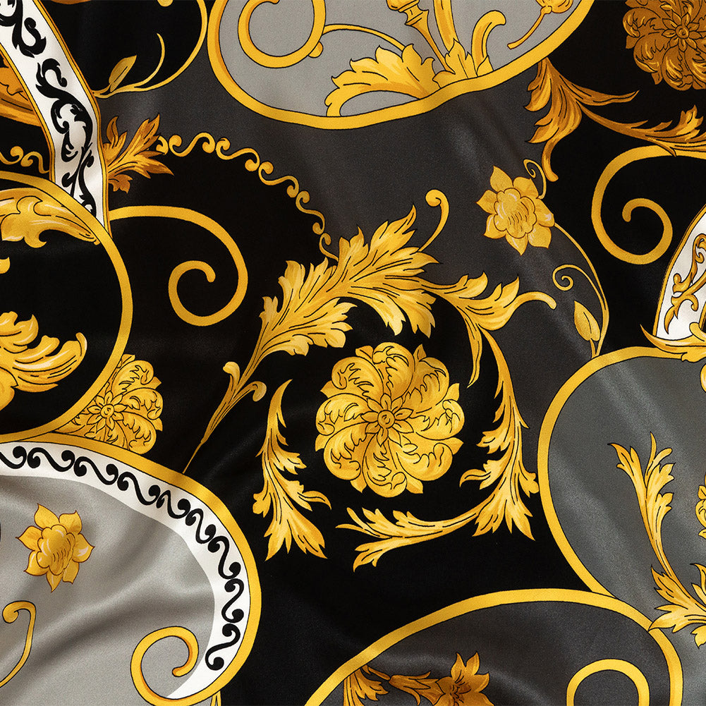 Mood Exclusive Italian Black, Gold and Gunmetal Ornate Digitally Printed Silk Charmeuse Mood Exclusive Italian Black, Gold and Gunmetal Ornate Digitally Printed Silk Charmeuse
