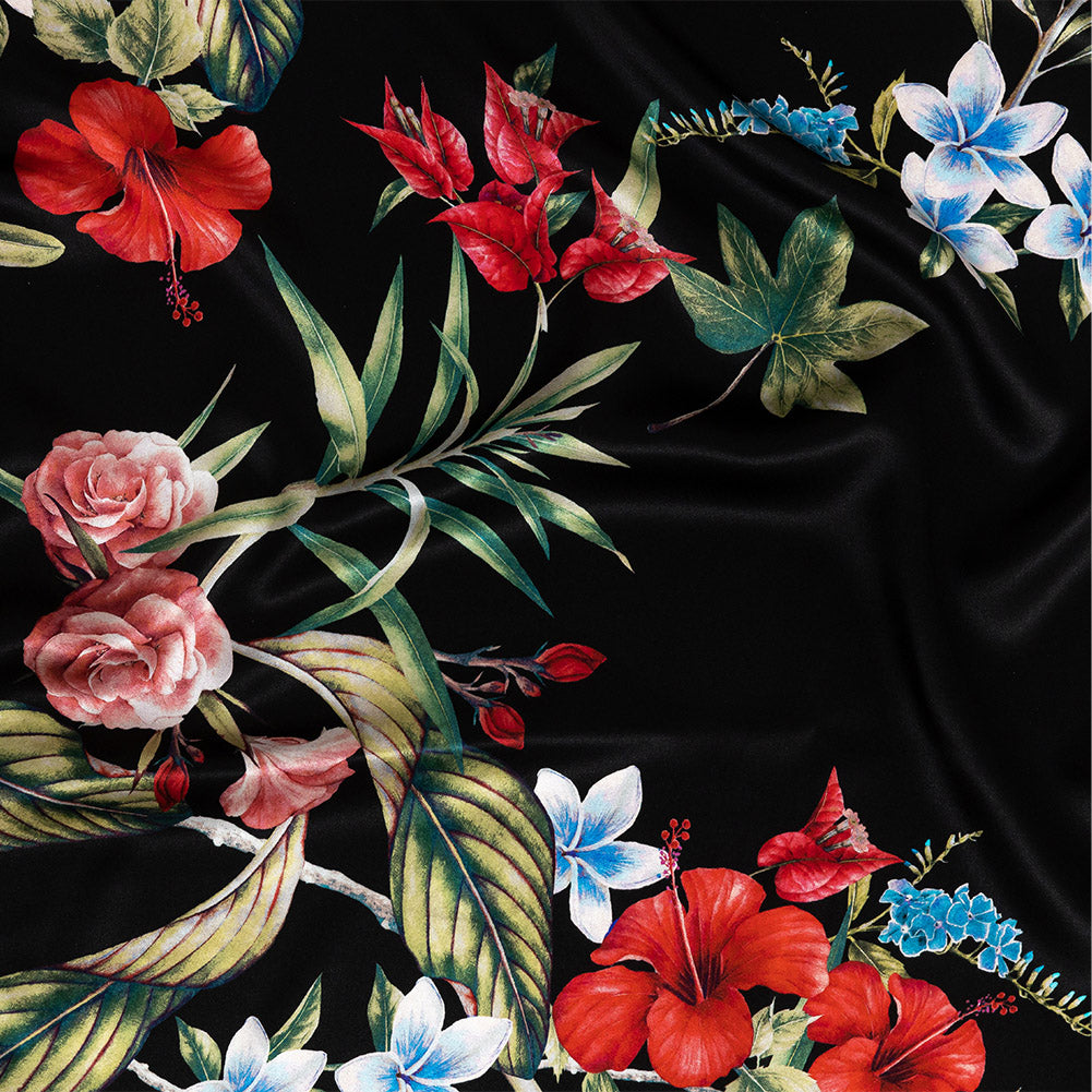 Mood Exclusive Italian Black, Red and Blue Floral Border Digitally Printed Silk Charmeuse Mood Exclusive Italian Black, Red and Blue Floral Border Digitally Printed Silk Charmeuse