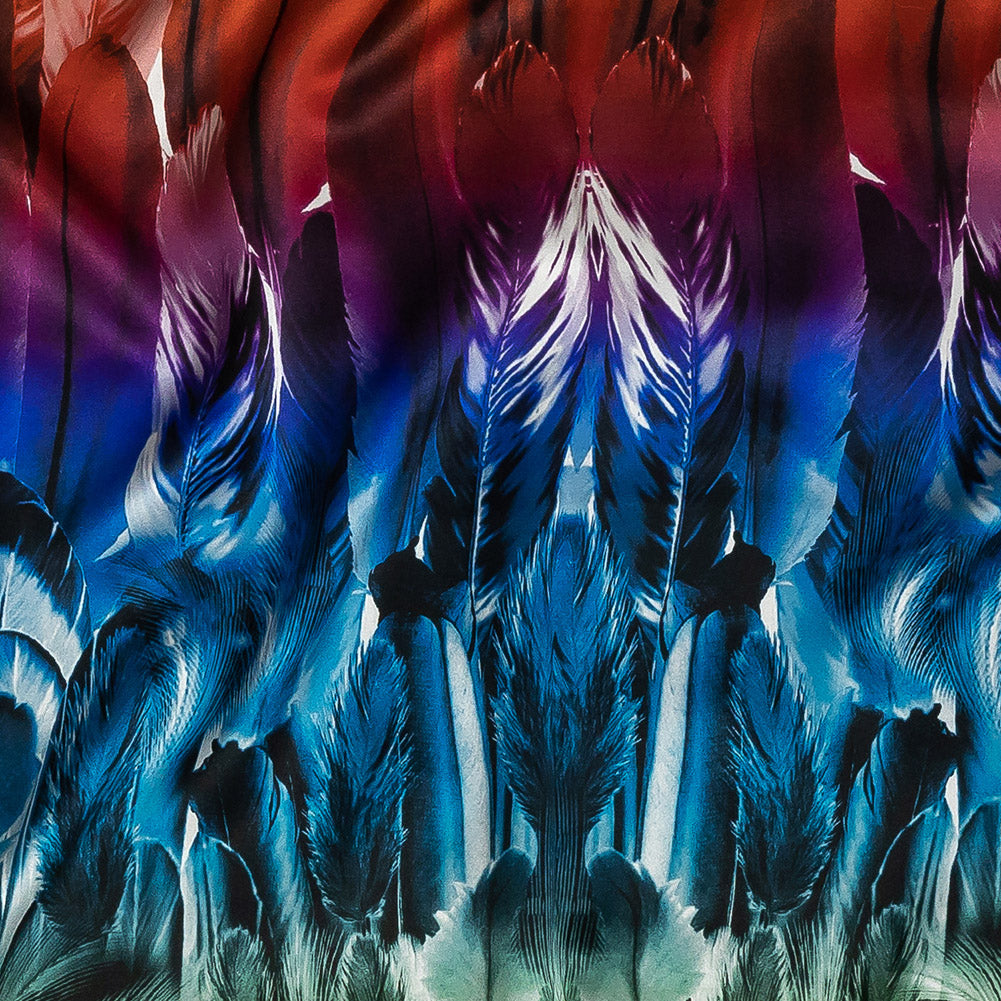 Mood Exclusive Italian Rainbow Feathers Digitally Printed Silk Charmeuse Panel Detail Mood Exclusive Italian Rainbow Feathers Digitally Printed Silk Charmeuse Panel Detail