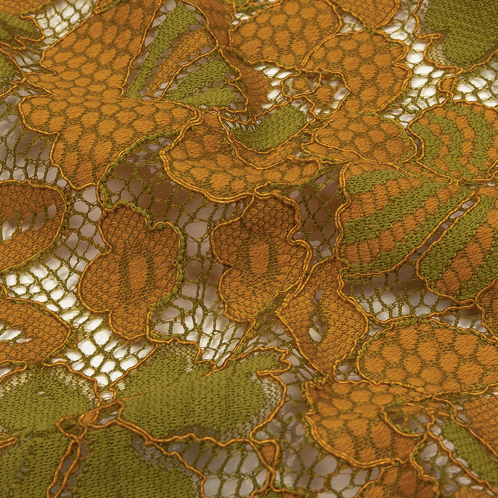 Re-Embroidered Lace - Mustard and Lime Two-Tone Floral Detail Re-Embroidered Lace - Mustard and Lime Two-Tone Floral Detail