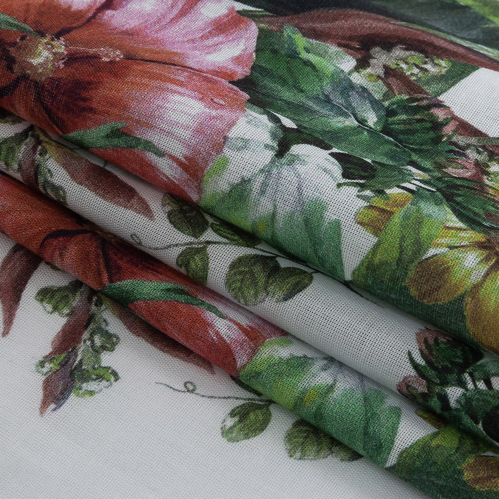 Mercerized Organic Egyptian Cotton Voile - Coral Florals and Foliage - Toulouse Collection - Folded Mercerized Organic Egyptian Cotton Voile - Coral Florals and Foliage - Toulouse Collection - Folded