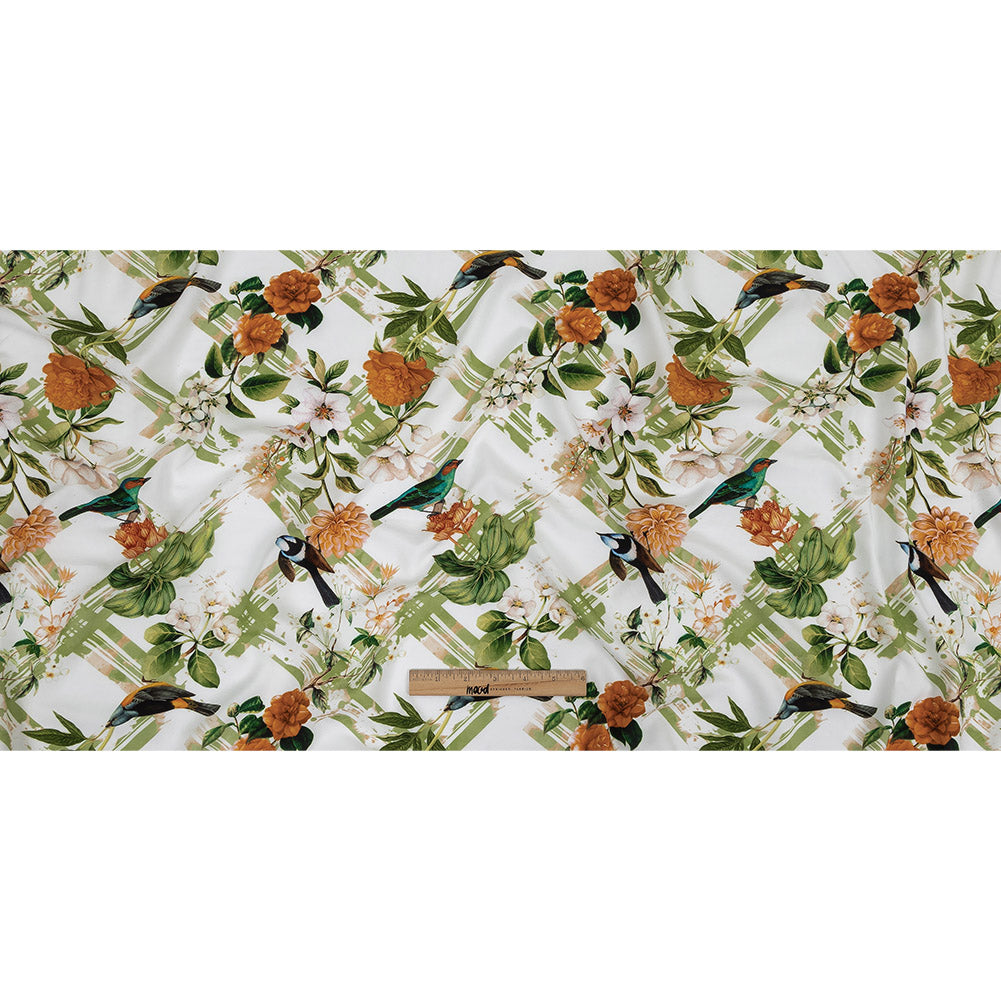 Organic Viscose Batiste - Green and Apricot Crosshatch Avifauna - Loreto Collection - Full Organic Viscose Batiste - Green and Apricot Crosshatch Avifauna - Loreto Collection - Full