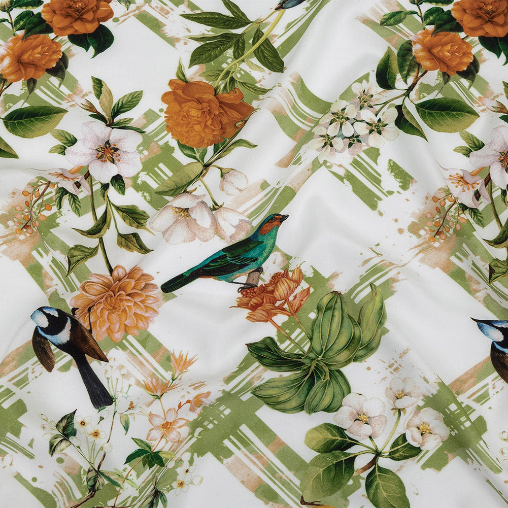 Organic Viscose Batiste - Green and Apricot Crosshatch Avifauna - Loreto Collection Organic Viscose Batiste - Green and Apricot Crosshatch Avifauna - Loreto Collection