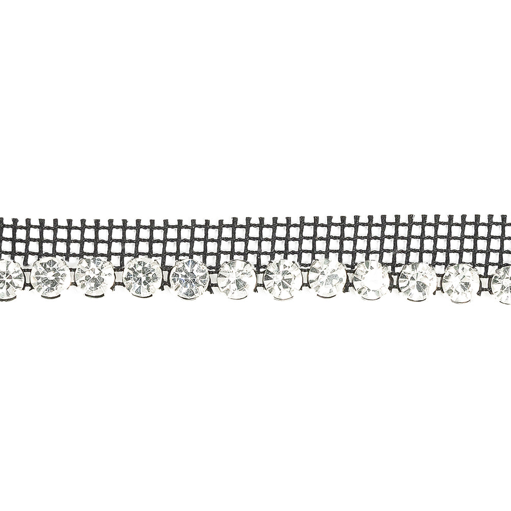 Vintage Crystal and Silver 1 Row Circular Rhinestones on Black Mesh Trimming - 0.75" Detail Vintage Crystal and Silver 1 Row Circular Rhinestones on Black Mesh Trimming - 0.75" Detail