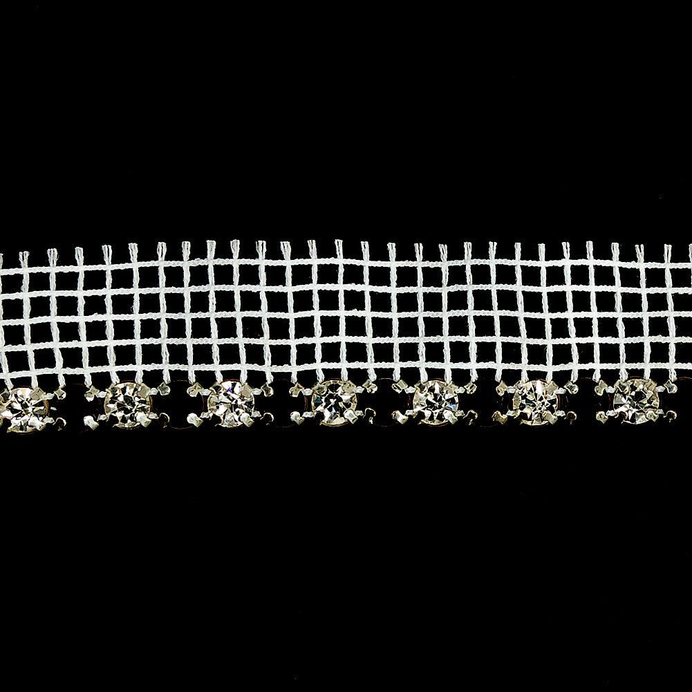 Vintage Crystal, Black and Silver 1 Row Circular Rhinestones on White Mesh Trimming - 0.75" Detail Vintage Crystal, Black and Silver 1 Row Circular Rhinestones on White Mesh Trimming - 0.75" Detail
