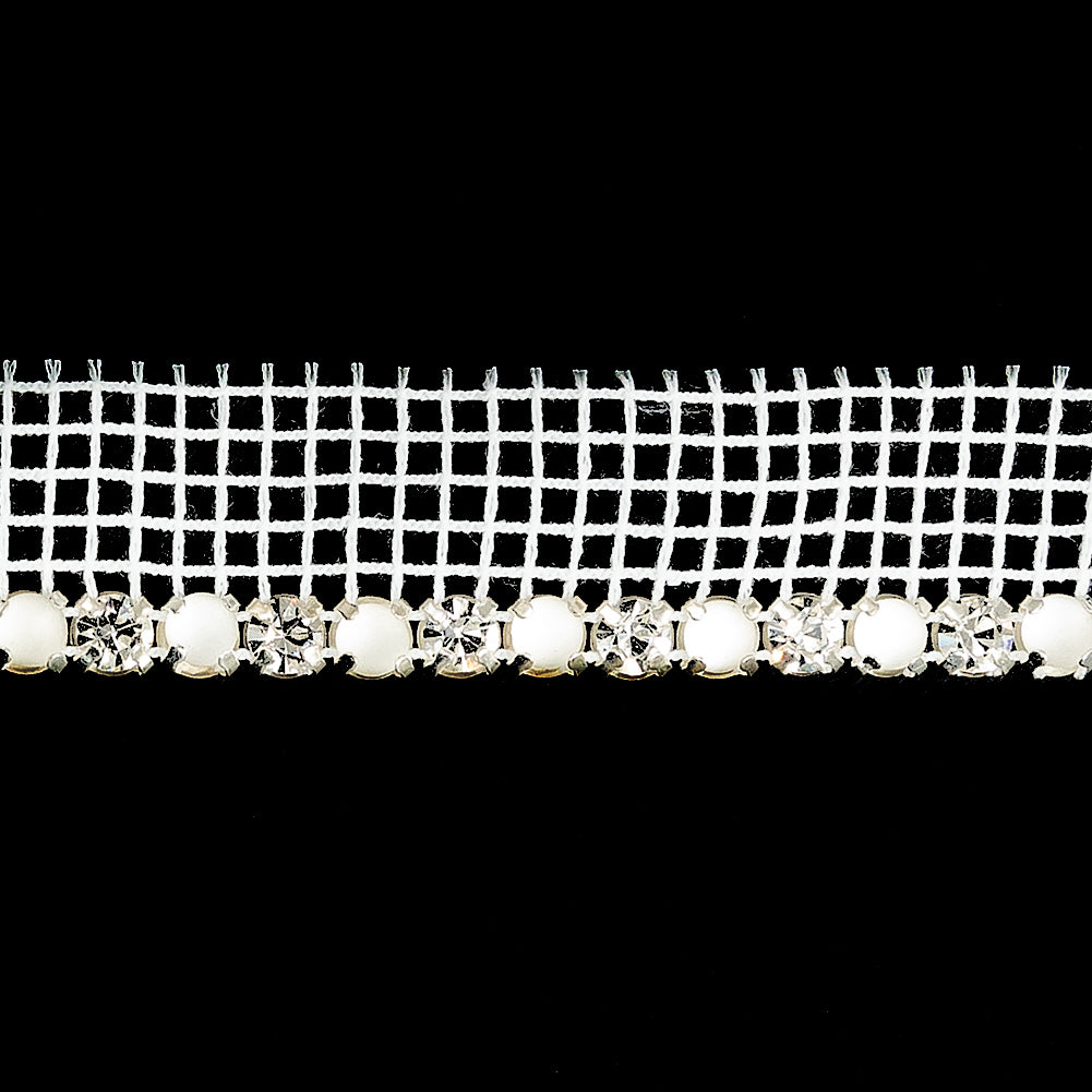 Vintage Crystal, Silver and Frosted Glass 1 Row Circular Rhinestones on White Mesh Trimming - 0.625" Detail Vintage Crystal, Silver and Frosted Glass 1 Row Circular Rhinestones on White Mesh Trimming - 0.625" Detail