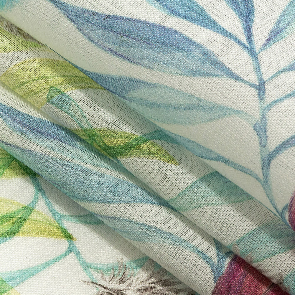 Multicolor Peacock Feathers and Aqua Ferns Printed Linen Woven Folded Multicolor Peacock Feathers and Aqua Ferns Printed Linen Woven Folded