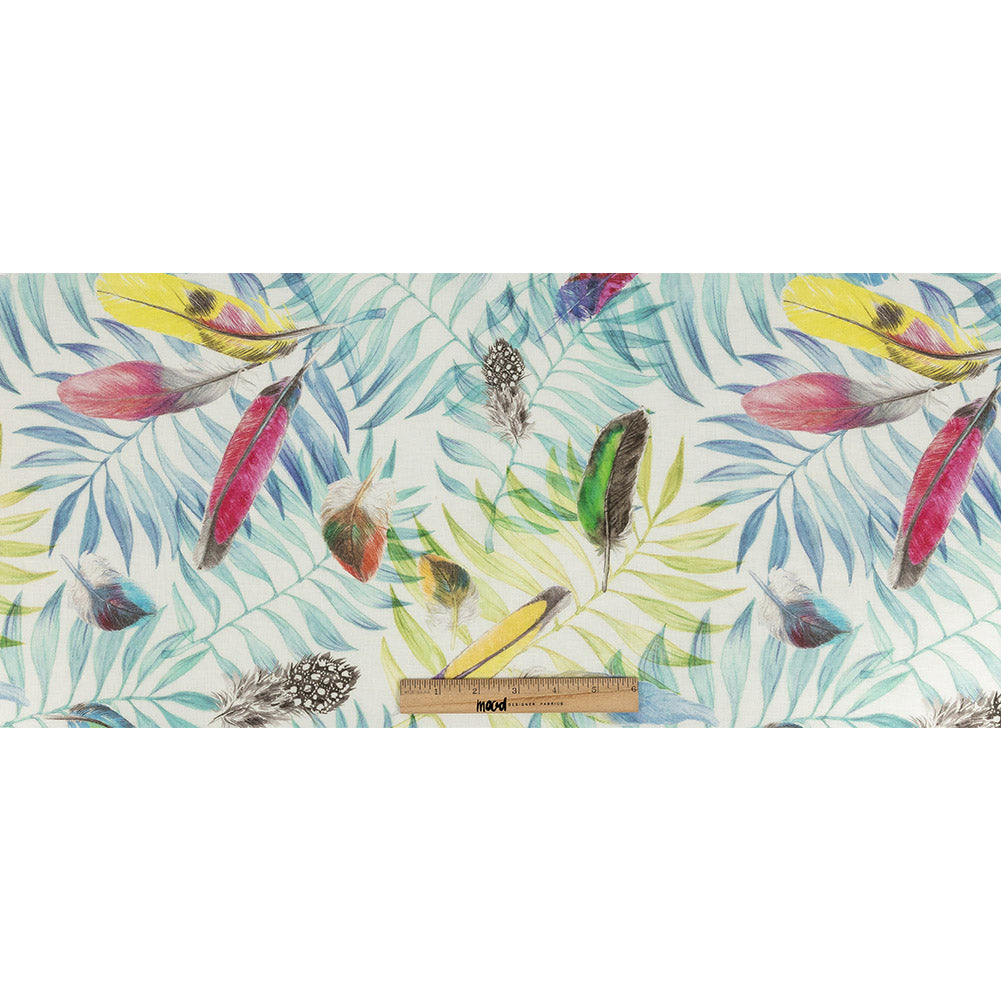 Multicolor Peacock Feathers and Aqua Ferns Printed Linen Woven Full Multicolor Peacock Feathers and Aqua Ferns Printed Linen Woven Full
