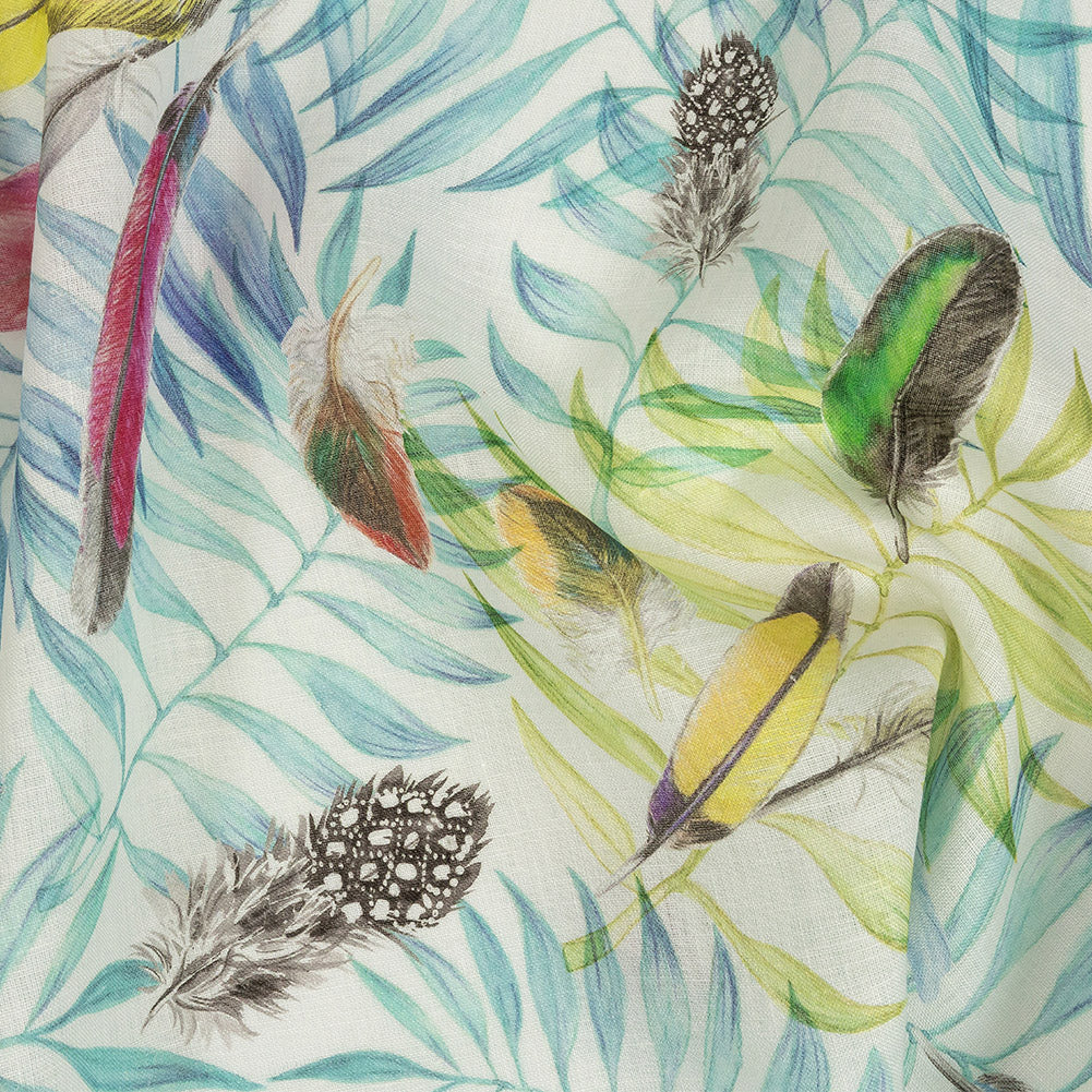 Multicolor Peacock Feathers and Aqua Ferns Printed Linen Woven Multicolor Peacock Feathers and Aqua Ferns Printed Linen Woven